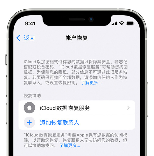 广宁苹果手机维修分享在 iPhone 上设置帐户恢复联系人的方法 