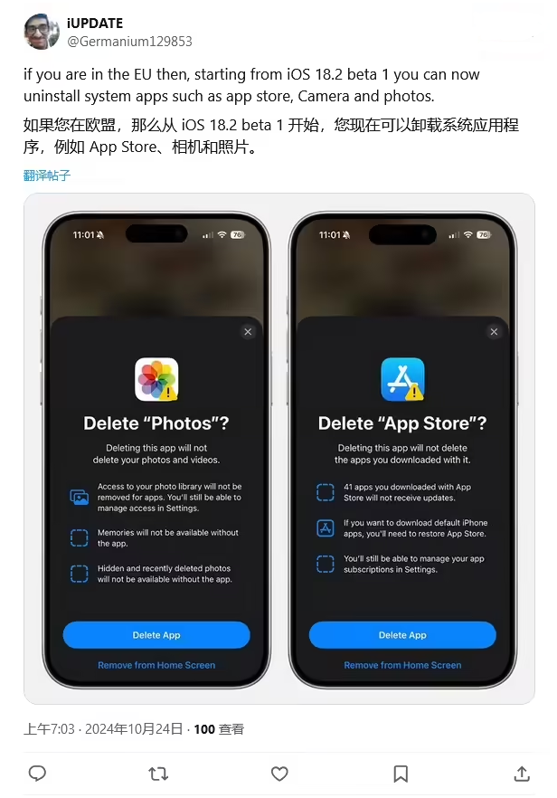 广宁苹果手机维修分享iOS 18.2 支持删除 App Store 应用商店 