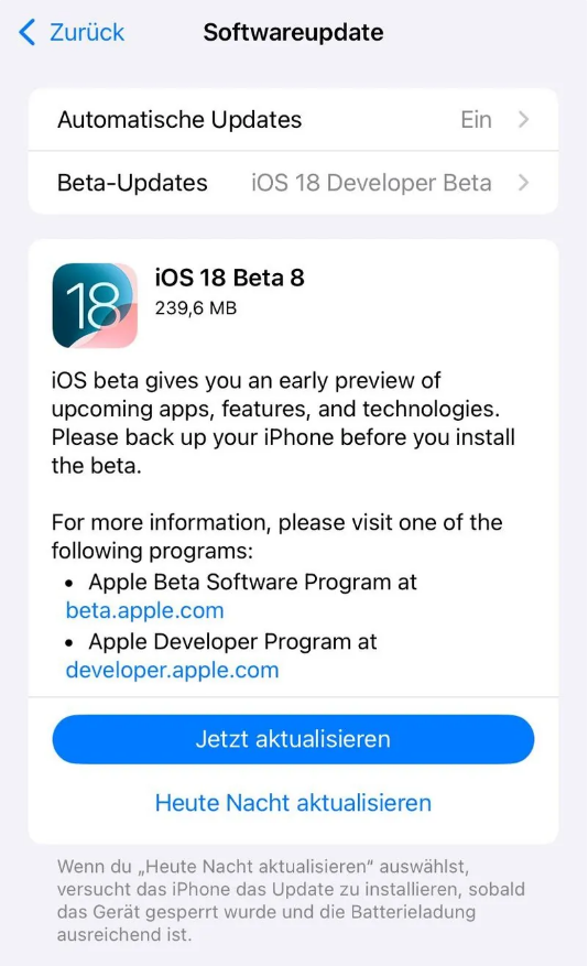 广宁苹果手机维修分享苹果 iOS / iPadOS 18 开发者预览版 Beta 8 发布 